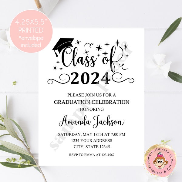 Custom PRINTED 4.25X5.5 Graduation Invitation, Graduation Party, 2024 Senior, Graduation Announcement, kraft or white envelope included