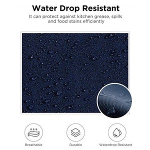 May include: Close-up of a dark blue fabric with water droplets on it. The fabric is water-resistant, breathable, and durable. The text "Water Drop Resistant" is at the top of the image.