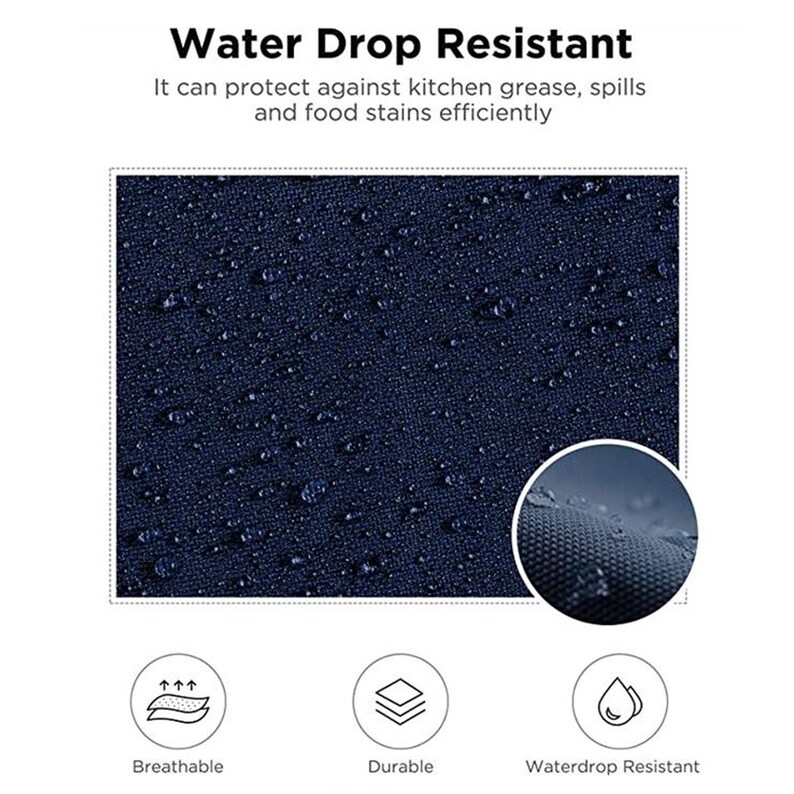 May include: Close-up of a dark blue fabric with water droplets on it. The fabric is water-resistant, breathable, and durable. The text "Water Drop Resistant" is at the top of the image.