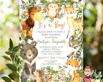 Printed 5x7", Woodland Animal Baby Shower Invitation, Woodland baby shower Invitation, Animal Baby Shower Invitation, with envelopes