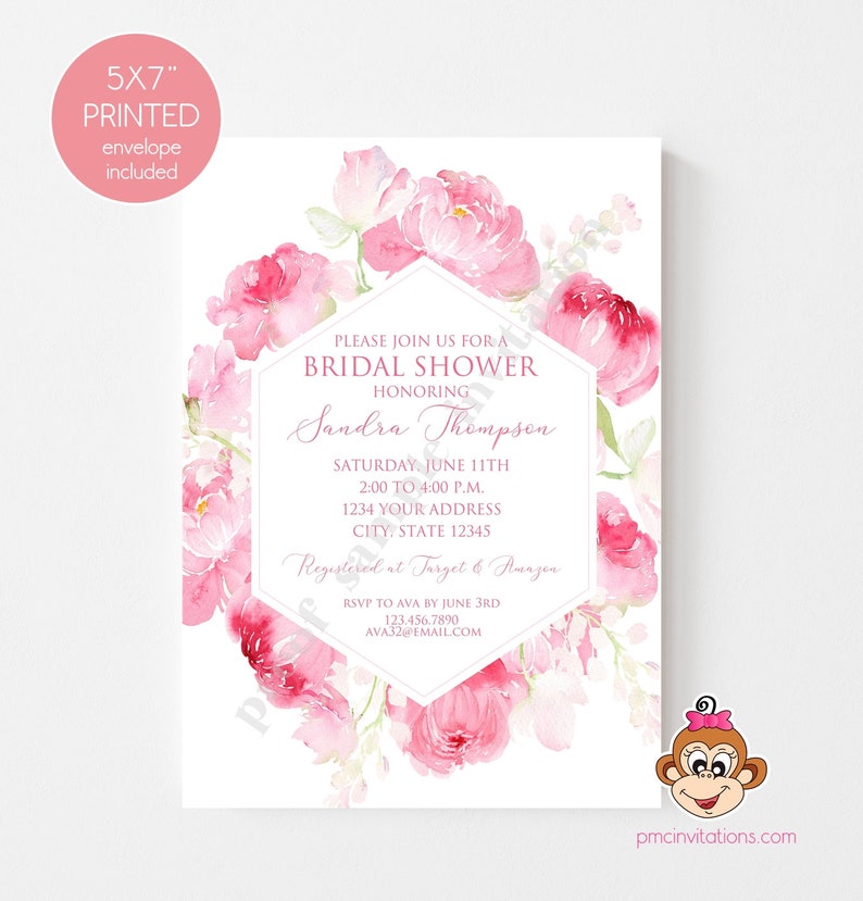 Printed 5x7 Pink Floral Bridal Shower Invitation, Bridal Shower, Printed Bridal Shower Invitation, Watercolor Pink Floral, with envelope image 4