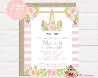 Custom PRINTED 4.25X5.5 Watercolor Pink Floral, Unicorn Face Birthday Invitation, kraft or white envelope included
