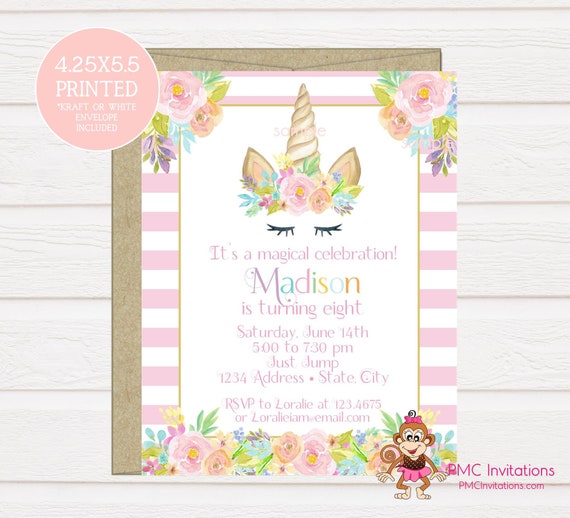 Custom PRINTED 4.25X5.5 Watercolor Pink Floral, Unicorn Face Birthday Invitation, kraft or white envelope included Il_570xn