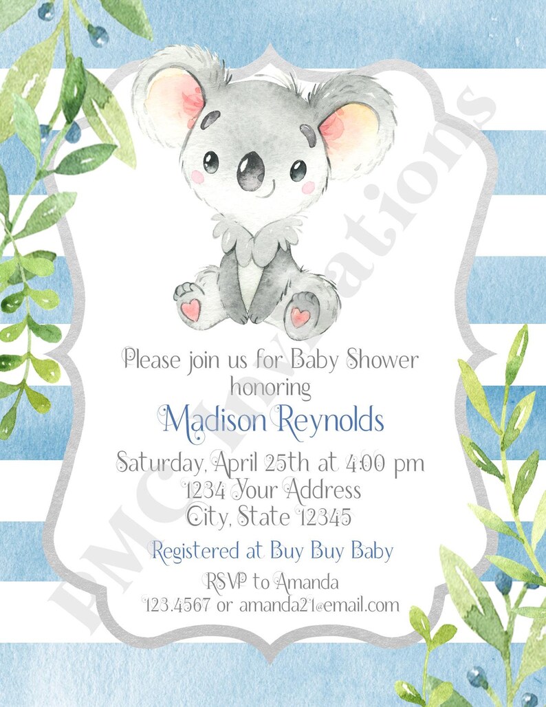 Custom PRINTED 4.25X5.5 Watercolor Koala Baby Shower Girl Etsy