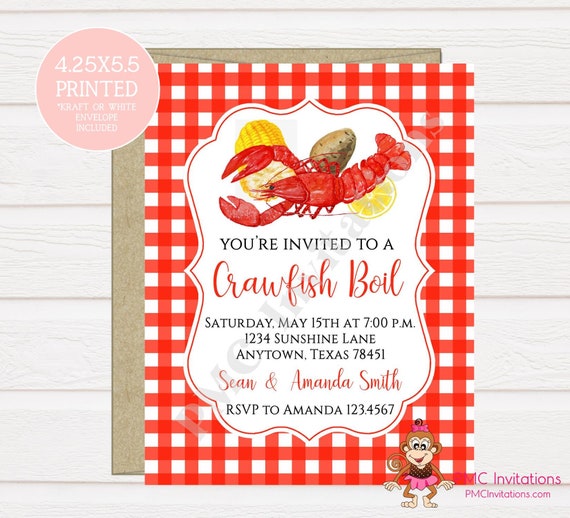 Custom PRINTED 4.25X5.5 Crawfish Boil Invitation, Crawfish, Cajun