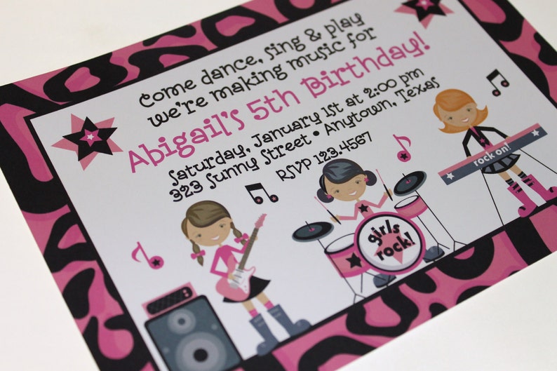 Custom Printed, Girl Band, Rock Star, Girls Rock, Girl Rock Band Birthday Invitations 1.00 each envelope included image 3