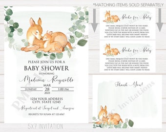 Printed 5X7 Deer Woodland Baby Shower Invitation, Watercolor Woodland Deer, Boy, Girl, Gender Neutral Baby Shower, Eucalyptus Greenery
