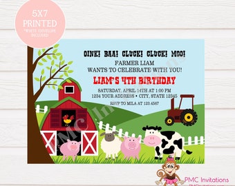 Custom Printed Farm Birthday Invitations - Barn Animals, Pig, Chicken, Sheep and Cow Farn Birthday Invitations - 1.00 each with envelope