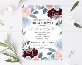 Custom Printed 5x7" Dusty Blue Burgundy Watercolor Flowers, Floral Bridal Shower Invitation, Bridal Shower Invitations with envelopes