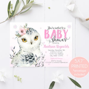 PRINTED 5X7 Owl Baby Shower Invitation, Winter Owl Baby Shower, Wintery Owl Girl Baby Shower, envelopes included