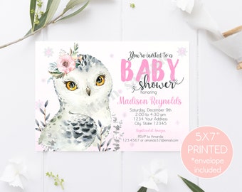 PRINTED 5X7 Owl Baby Shower Invitation, Winter Owl Baby Shower, Wintery Owl Girl Baby Shower, envelopes included