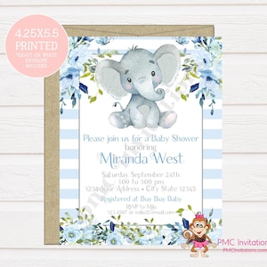 Custom PRINTED 4.25X5.5 Watercolor Blue Floral, Elephant, Baby Shower, Elephant Baby Shower Invitation, kraft or white envelope