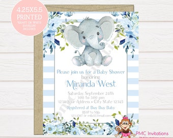 Custom PRINTED 4.25X5.5 Watercolor Blue Floral, Elephant, Baby Shower, Elephant Baby Shower Invitation, kraft or white envelope