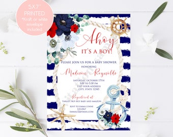 Custom Printed 5X7 Nautical Baby Shower Invitation, Watercolor Nautical, Anchor, Red and Navy, Baby Shower, Nautical Floral Baby Shower