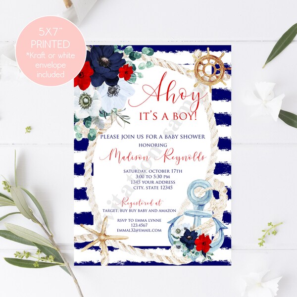 Custom Printed 5X7 Nautical Baby Shower Invitation, Watercolor Nautical, Anchor, Red and Navy, Baby Shower, Nautical Floral Baby Shower