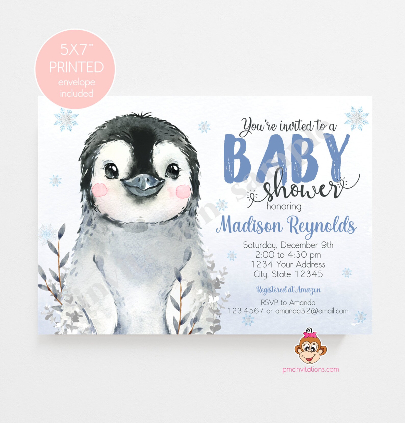 PRINTED 5X7 Penguin Baby Shower Invitation Winter Penguin - Etsy