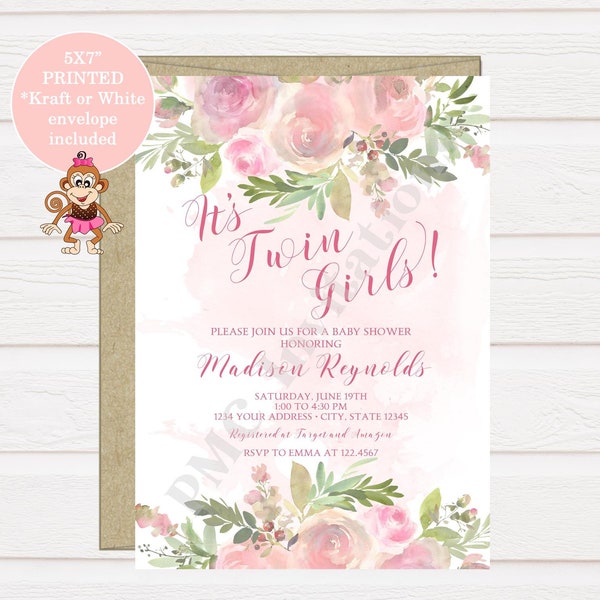 Custom Printed 5X7 Watercolor,Pink Floral, Twin Girls Baby Shower Invitations - Twin Girl Floral Baby Shower Invitation - Envelopes included