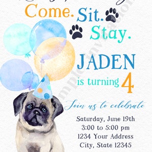 PRINTED and SHIPPED Pug Birthday Invitation, Birthday, Childrens Birthday, Any Age, 5x7 Dog Puppy Pug Birthday Invitation, with envelope image 3