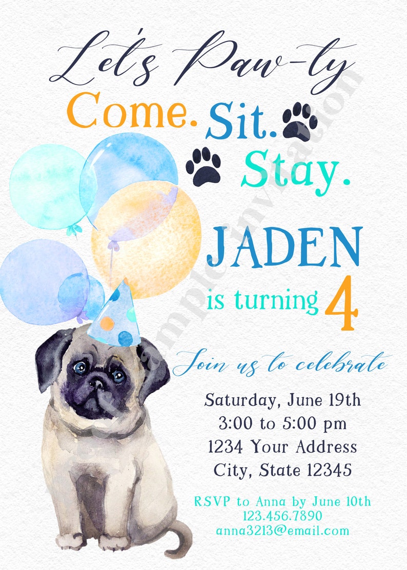 PRINTED and SHIPPED Pug Birthday Invitation, Birthday, Childrens Birthday, Any Age, 5x7 Dog Puppy Pug Birthday Invitation, with envelope image 3