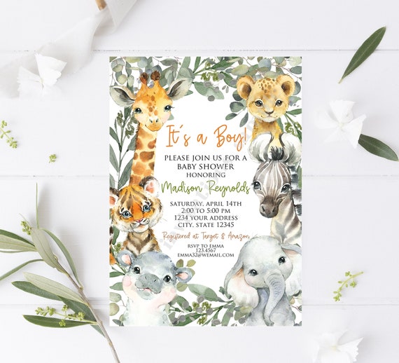 Custom Printed 5x7" Safari Animal Baby Shower Invitation Greenery. Jungle baby shower Invitation. Zoo Animal Baby Shower Invitation Il_570xn