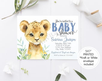 Invitación personalizada de watercolor impresa lion baby shower, invitación baby lion baby shower - 1.00 cada una con sobre