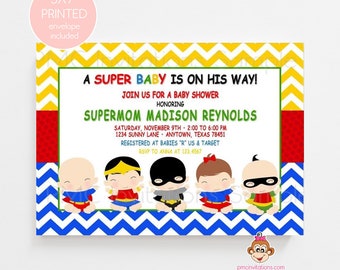 PRINTED 5X7" Superhero Baby Shower invitations, Superhero Babies, Superhero Baby Shower, Gender Neutral, envelopes included