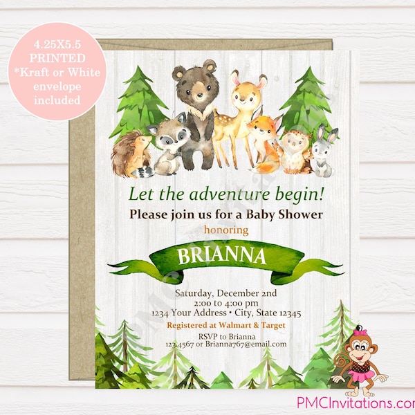 Custom PRINTED 4.25X5.5 Watercolor Woodland Baby Shower Invitation, Deer, Bear, Fox Woodland Baby,  envelope included