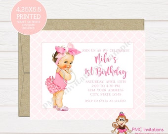 Custom PRINTED 4.25X5.5 Ruffles, Bow, Girls Pink First Birthday Invitation, 1st Birthday kraft or white envelope included