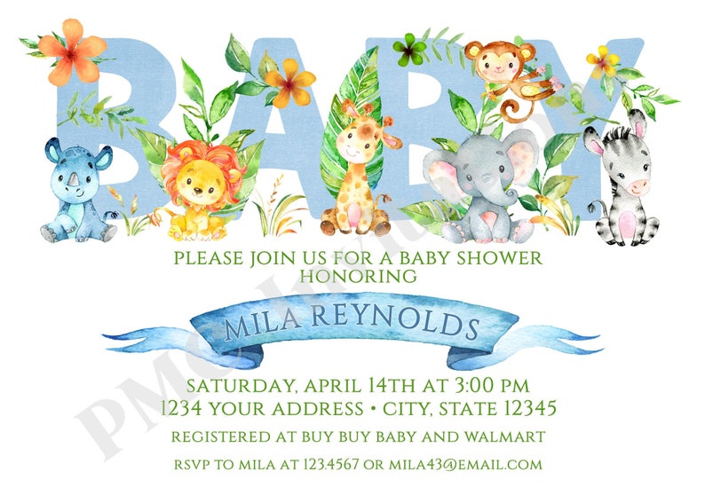 Custom Printed Jungle, Watercolor, Wild Animals, Safari Baby Shower Invitations boy, girl, gender neutral 1.00 each with envelope image 2