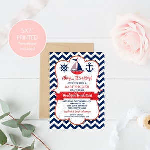 Nautical Baby Shower Invitations, Navy Blue and Red Nautical Baby Shower, Anchor, Sailboat, Chevron Nautical Baby Shower with envelopes image 5