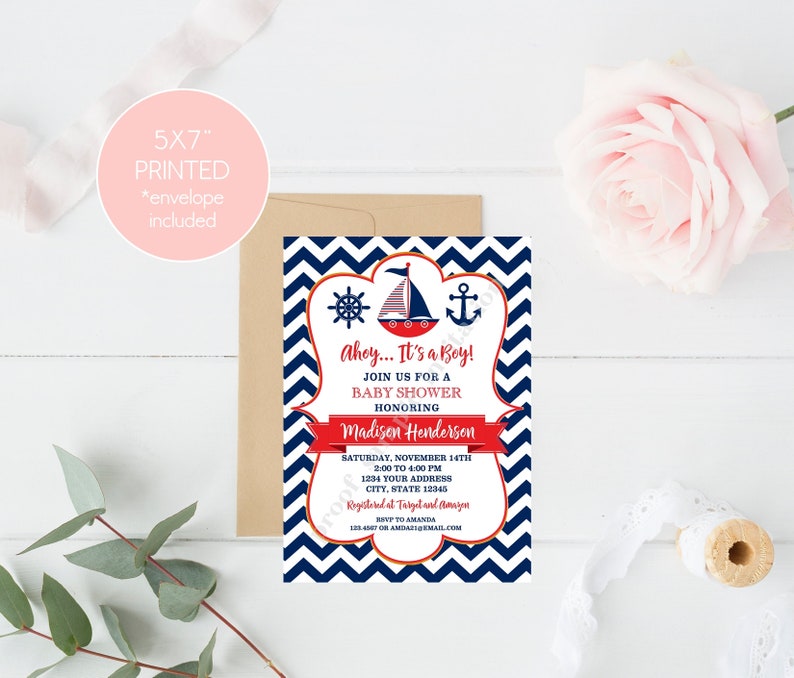 Nautical Baby Shower Invitations, Navy Blue and Red Nautical Baby Shower, Anchor, Sailboat, Chevron Nautical Baby Shower with envelopes image 5