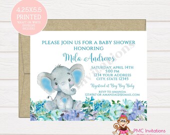 Custom PRINTED 4.25X5.5 Watercolor Blue Gray Floral, Elephant, Baby Shower, Elephant Baby Shower Invitation, kraft or white envelope