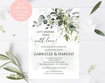 Custom Printed 5X7" Watercolor Eucalyptus Greenery Couples Shower Invitations, Greenery Eucalyptus Couples Shower Invitation w envelopes