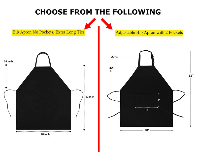 May include: Two black bib aprons with adjustable straps. The apron on the left has no pockets and extra long ties. The apron on the right has two pockets and adjustable straps. Both aprons are 32 inches long and 28 inches wide.