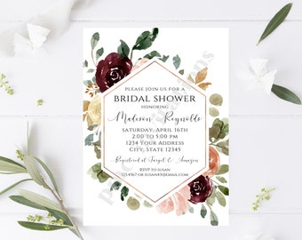 Custom Printed 5x7" Greenery Floral Bridal Shower Invitation, Blush Pink, Burgundy, Floral Bridal Shower Invitation, Bridal Shower