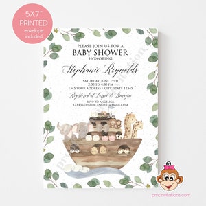May include: A baby shower invitation with a watercolor illustration of a wooden ark with animals on top of it. The text on the invitation reads "Please join us for a baby shower honoring Stephanie Reynolds. Saturday, June 19th, 2:00 to 4:30 PM, 1345 Your Address, City, State 12345. Registered at Target & Amazon. RSVP to Angelica 123.456.7890 or angie21@email.com"