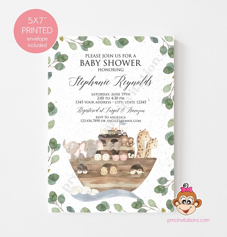 May include: A baby shower invitation with a watercolor illustration of a wooden ark with animals on top of it. The text on the invitation reads "Please join us for a baby shower honoring Stephanie Reynolds. Saturday, June 19th, 2:00 to 4:30 PM, 1345 Your Address, City, State 12345. Registered at Target & Amazon. RSVP to Angelica 123.456.7890 or angie21@email.com"
