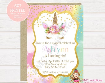 Custom PRINTED Unicorn Birthday Invitation, Unicorn Face Birthday Invitation - 1.00 each with envelope