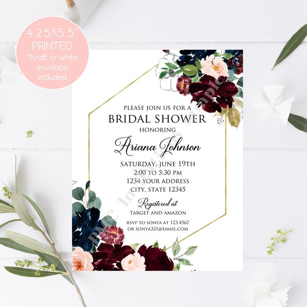 Custom PRINTED 4.25X5.5 Navy Burgundy Pink Floral Bridal Shower invitation, Navy Pink Floral Bridal Shower, envelope included