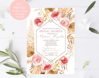 Custom Printed 5x7" Boho, Pampas Grass, Pink Floral Boho Bridal Shower Invitation, Pampas Grass Bridal Shower Invitation