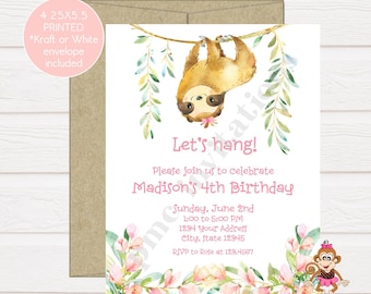 Custom PRINTED 4.25X5.5 Watercolor Pink Floral, Sloth Birthday Invitation, Sloth Birthday, GIrl Sloth, envelope included