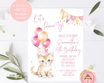 PRINTED Cat Invitation, Cat Birthday Invite, Kitty Cat Birthday Party, Animal Let's Pawty Kitten, Birthday Invitation 4.25X5.5"