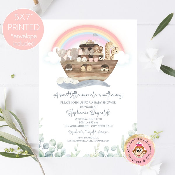 Printed 5x7" Noah's Ark Baby Shower Invitation, Gender Neutral Baby Shower, Rainbow Noah's Ark Baby Shower Invitations, with envelopes