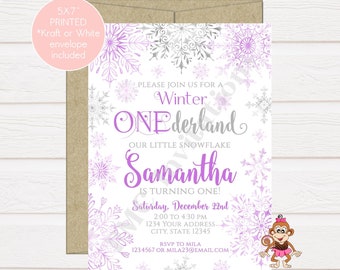 Custom PRINTED Watercolor Purple Snowflake Winter ONEderland Birthday Invitation, Winter Onederland Birthday Invitation - 1.00 ea with env