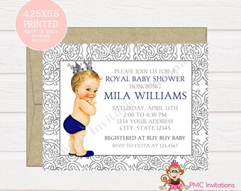 Custom PRINTED 4.25X5.5 Blue and Silver Royal Prince Baby Shower Invitation, kraft or white envelope included