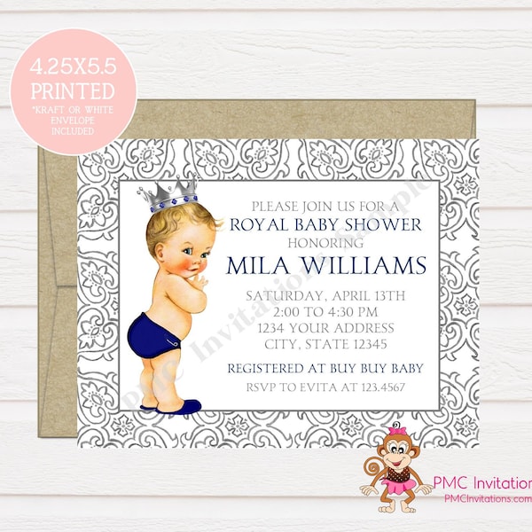 Custom PRINTED 4.25X5.5 Blue and Silver Royal Prince Baby Shower Invitation, kraft or white envelope included