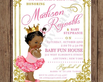 Custom Printed Shabby Chic - Antique - Vintage - African American - Royal Princess Baby Shower Invitations - 1.00 each with envelope