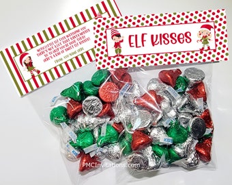 Printed and Shipped Personalized Elf Kisses Treat Bag, Christmas Candy Bag, Candy Bag, Christmas Bag Topper, Topper and Bag Included!