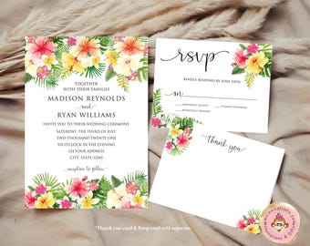 Printed 5X7 Hawaiian Wedding Invitation, Tropical Wedding Invitation, Tropical Floral Wedding Invitation, envelope included