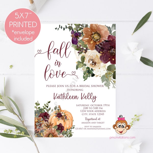 Custom Printed 5X7" Fall in Love Bridal Shower Invitations, Pumpkin, Autumn Fall In Love Floral Bridal Shower Invitation, with envelopes